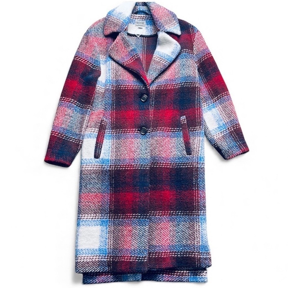 Bernie Bernardo Women Coat Wool Blend Plaid Red Navy White Size S Oversized Chic